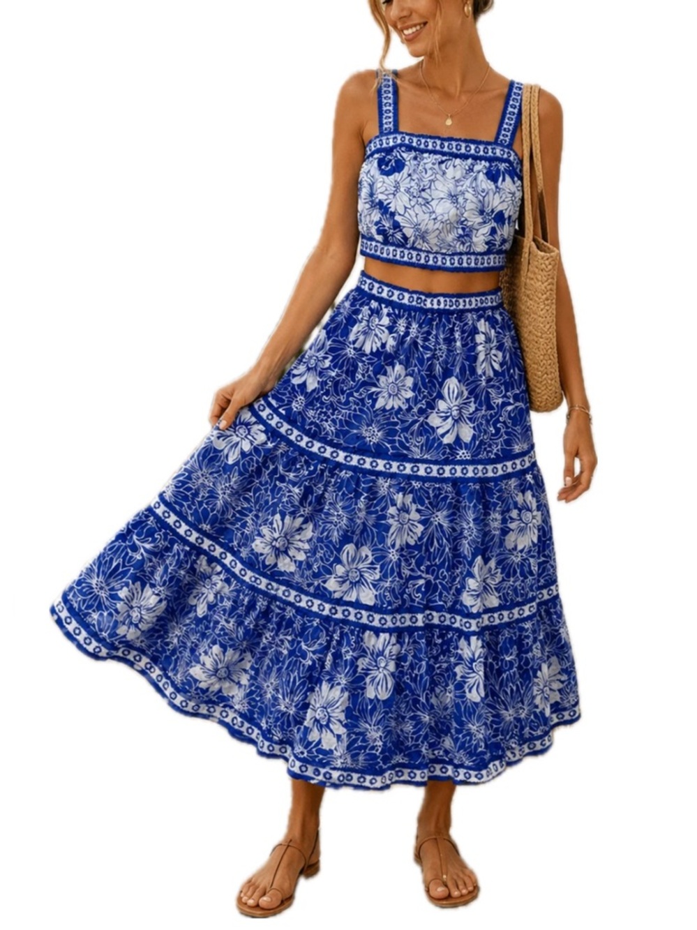 NWT Japna Boho 2-Piece Blue & White Floral Top & Skirt, Medium